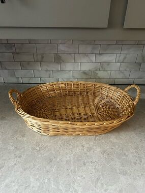 Large Hand Crafted Natural Wicker Oval Serving Basket with Handles, Flat Shallow